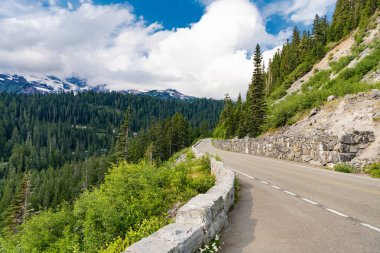 Seyahat güzergahı. North Cascades Ulusal Parkı 'na peyzaj rotası. Sahne doğası. Kuzey Şelaleleri Ulusal Parkı. Dağ manzaralı bir yol. Dağ ve yol manzarası. Seyahat güzergahı.