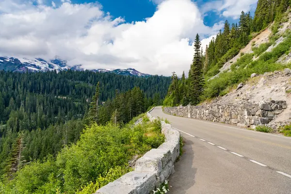 Seyahat güzergahı. North Cascades Ulusal Parkı 'na peyzaj rotası. Sahne doğası. Kuzey Şelaleleri Ulusal Parkı. Dağ manzaralı bir yol. Dağ ve yol manzarası. Seyahat güzergahı.