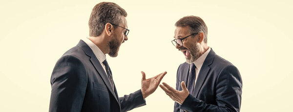businessmen having conflict in business. conflict between boss and employee. Fierce rivalry. conflict between companies. business conflict. two businessmen conflicting at rivalry isolated on white.