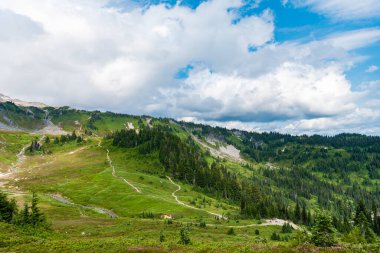 Çayırlı dağ manzarası. Bulutlu gökyüzü ile dağlık bir manzara. Yeşil Tepe Dağı manzaralı. Seyahat güzergahı. Kozalaklı orman ve yeşil yamaçlarla vahşi dağlarda nefes kesici bir yaz günü..