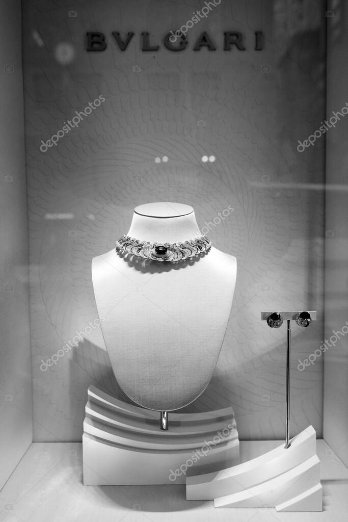 New York City, USA - March 25, 2024: Bvlgari or Bulgari brand logo at store display with jewelry in Manhattan NY.