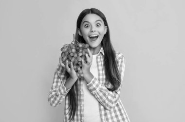 amazed child with ripe grapes fruit on yellow background.