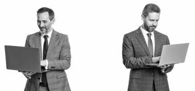 İşadamları e-postayı kontrol ediyor. İşadamları serbest çalışıyor. İş çevrimiçi. Serbest çalışan adamlar dizüstü bilgisayarda çalışıyor. Dizüstü bilgisayarlı takım elbiseli işadamları beyaza izole edilmiş. Uzaktan kumanda. Çevrimiçi kurslar.