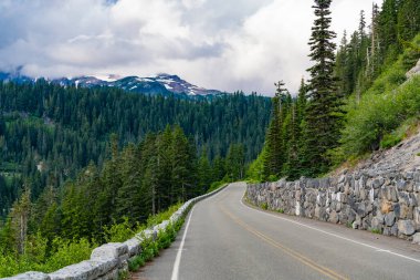Dağ manzaralı bir yol. Dağ ve yol manzarası. Seyahat güzergahı. North Cascades Ulusal Parkı 'na peyzaj rotası. Sahne doğası. Kuzey Şelaleleri Ulusal Parkı. Vahşi macera.