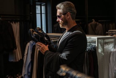 Ayakkabı mağazasındaki tezgahtar adam klasik ayakkabıları tutuyor. Ayakkabı mağazası. İş adamı ayakkabıyı dükkanda seçer. Resmi görünmek için klasik deri ayakkabılar. Resmi ayakkabı. Deri ayakkabılar. Ayakkabı görüntüsü düzenleniyor.