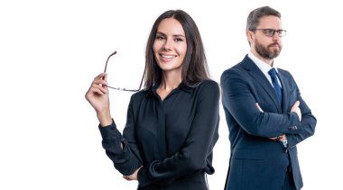 İş arkadaşları beyazları izole ediyor. Resmi takım elbiseli iki iş adamı. Hırslı iş adamları destek veriyor. Profesyonel iş lideri ve menajeri. Başarılı iş adamları. Boşluk afişini kopyala.