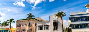 Art Deco. Miami sahilinin lüks binası. Okyanus yolculuğu. Ocean Drive 'daki Miami South Beach. Art Deco mimarisi. Mimari bina. Tarih Bölgesi. Art deco mimari bölgesi.