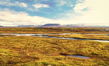Şeyler vellir doğa. Thingvellir Park Nehri. Nehir İzlanda 'da sonbaharda. Sonbahar manzarası. Ulusal park. Thingvellir sonbahar manzarası. Thingvellir Ulusal Parkı İzlanda 'da. İzlanda sonbahar doğa manzarası.