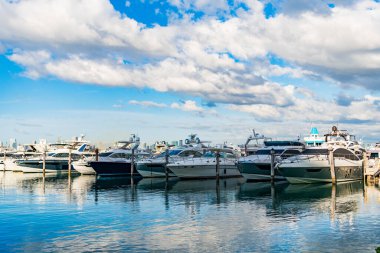 Miami plajına demir atmış bir yat. Marina lüks şehir manzarası. Limanda kiralık bir yat. Yat marinası. Lüks yat kiralama. Miami limanı marinası. Yazın lüks bir yat gezisi. Miami Körfezi.