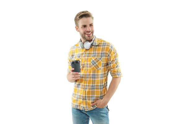 Coffee break at work. Millennial man hold coffee cup isolated on white. Morning coffee time. Lifestyle concept. Drinking espresso. Relax with music. Man drinking tea. Warm morning.