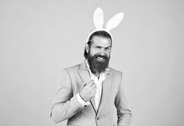 Easter is coming. happy easter. bearded man wear bunny ears. Egg hunt. spring holiday celebration. funny male hipster. brutal man having fun. mature male wear rabbit ears. easter bunny man.