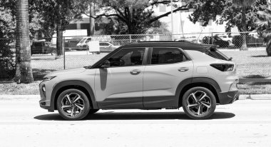 Miami Beach, Florida USA - April 15, 2021: turquoise chevrolet trailblazer RS suv crossover, side view.