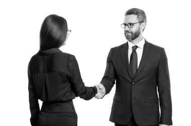 Erkek ve kadın başarılı bir işbirliği için el sıkışırken beyazlar izole edildi. İş ilişkisi. İş birliği başarılı oldu. İş adamları tedarikçiyle işbirliğini geliştirir. Ortak takım çalışması..