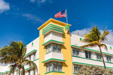 Art deco mimari bölgesi. Art Deco. Miami sahilinin modern binası. Okyanus yolculuğu. Ocean Drive 'daki Miami South Beach. Art Deco mimarisi. Mimari bina. Tarihi Bölge.