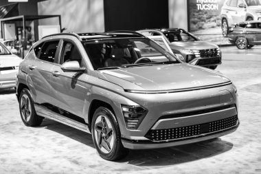 New York, ABD - 27 Mart 2024 Hyundai Kona Electric Car at New York International Auto Show, corner view.