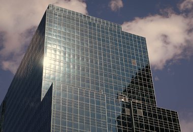 Gökdelen perspektif görüntüsü. Şehir mimarisi. Modern ofis binasının mimarisi. Perspektif şehir gökdeleni. Modern gökdelen binası. Metropolis 'teki mimari bina. Yüksek kule.