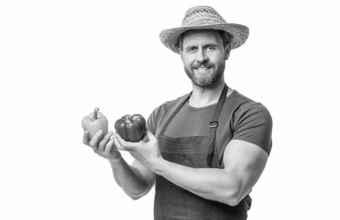 Önlüklü ve şapkalı beyaz tenli, biberli beyaz adam..