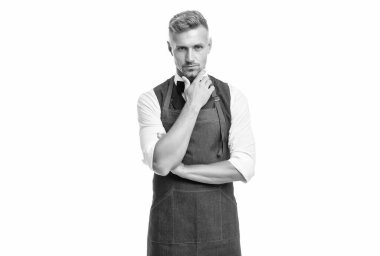 Serious barman in bow and bartender apron stroking chin isolated on white.