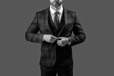 Resmi erkek giyimi. Resmi kıyafet kuralı. Formalite icabı giyinmiş bir adam. Zarif takım elbiseli bir iş adamı. Gri üzerine kravat takılmış resmi takım elbise ceketi. İş adamı ceketli adam. İş elbisesi.