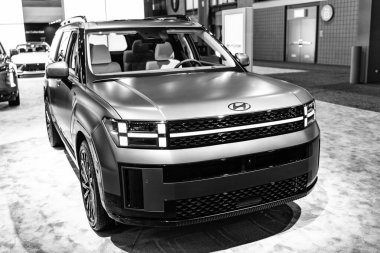 New York City, ABD - 28 Mart 2024: Hyundai Santa Fe SUV mat araba New York Uluslararası Otomobil Fuarı, ön köşe manzaralı.