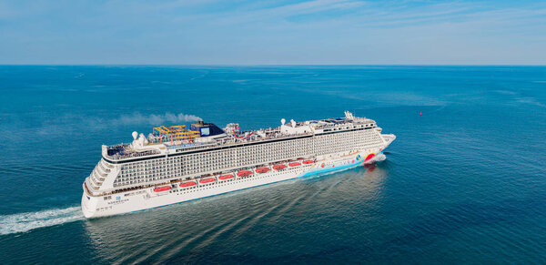 Miami, Florida, USA - January 29, 2025: Cruise in summer vacation. Norwegian cruise line. Cruise ship tour and travel at sea. Ship leaving port of Miami. Norwegian Breakaway cruise ship voyage.