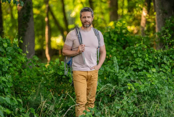 Ormanda yürüyüş yapan sırt çantalı bir yürüyüşçü. Erkek yürüyüşçü ormanda yürüyor. Gezgin yürüyüşünün sırt çantası var. Yürüyüş macerası. Seyahat yaşam tarzı. Kırsalda yürüyüş yapan bir adam. Ormandaki İspanyol adam. Doğa yürüyüşü.