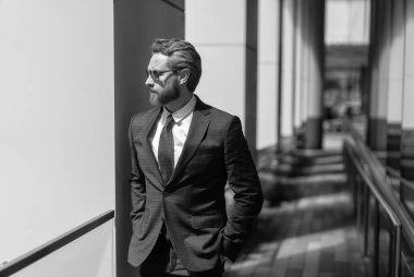 Takım elbiseli bir iş adamı. Patron iş adamı. Girişimcinin başarısı. Ofis müdürü. İş yerindeki kendine güvenen iş adamı. Yeni hedefler. İş vizyonu ve liderlik. Boşluğu kopyala.