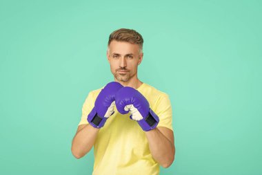 Spor salonundaki sporcu. Spor giyim sektöründe güçlü bir boksör. Egzersiz ve yumruk. Boks antrenmanı. Mavi eldivenli sporcu. Olgun boksör. Sporcu boks. Güçlü bir atlet. Belirleme.