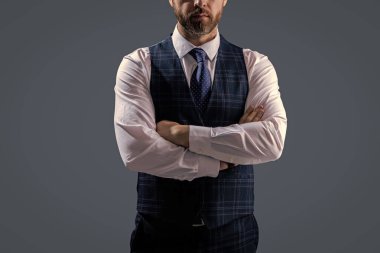 Erkek giyim kuşamı. Bespoke takımı. Resmi erkek giyim konsepti. Formalite icabı iş adamı. Kesik manzaralı. Zarif terzilik yeleği giymiş bir iş adamı. Gri kravatlı resmi takım elbise..