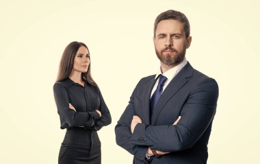 Profesyonel iş lideri ve menajeri. Başarılı iş adamları. İş arkadaşları beyazları izole ediyor. Resmi takım elbiseli iki iş adamı. Hırslı iş adamları destekliyor..