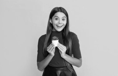 amazed child with cactus on yellow background.