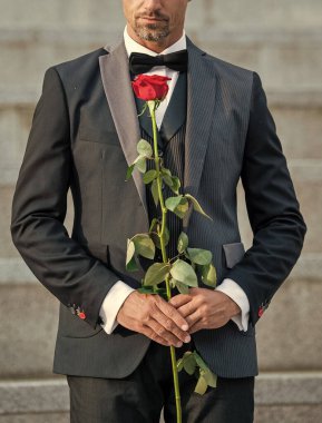 love rendezvous concept. cropped view of tux man with love rose. flower gift for love day.