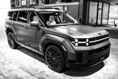 New York City, ABD - 28 Mart 2024: Hyundai Santa Fe SUV mat araba New York Uluslararası Otomobil Fuarı, köşe manzara.