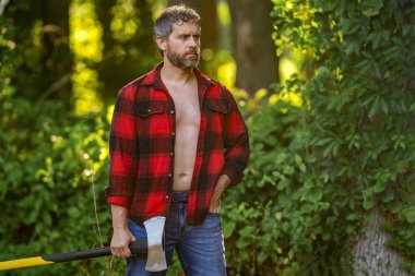 Ağaç kesen baltalı adam. Düğmeleri iliklenmemiş bir adam. Oduncu dışarıda çok çalışıyor. Vahşi oduncu, uzayı kopyala. Vahşilik ve erkeklik. Baltalı İspanyol oduncu adam. Oduncu baltası..