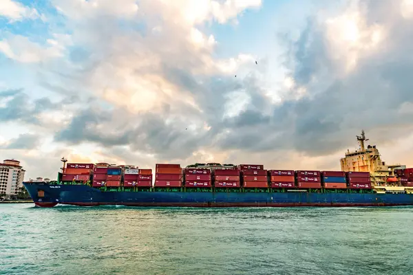 Miami, Florida, ABD - 16 Aralık 2024: kargo gemisinde nakliye konteynırı. Kargo gemisi. Günbatımında Miami Limanı. Konteyner gemisi. Kargo Chloe D Monrovia gemisi, konteynır, içeriye aktar.