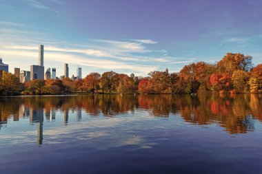 Sonbahar ağacını ve göleti New York 'a park et. Manzaralı düşüş. Sonbaharda Central Park 'ta. Göletli sonbahar manzarası. Sonbahar doğa manzarası. Central Park 'ta sonbahar doğası. Mevsimlik sonbahar resimli manzarası.