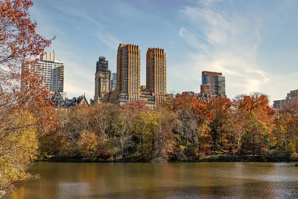 New York Central Park sonbahar sonbaharı. Parkta sonbahar manzarası. Sonbahar manzarası New York. Doğa New York 'ta sonbahar manzarası. Central Park 'ta sonbahar sezonu. New York 'un sonbaharında şehir manzarası.