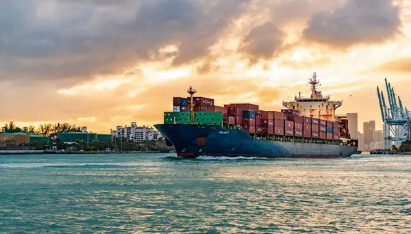 Miami, Florida, ABD - 16 Aralık 2024: kargo Chloe D Monrovia gemisi, hava manzaralı. Kargo gemisinde nakliye konteynırı. Kargo gemisi. Günbatımında Miami Limanı. Konteyner gemisi.