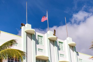 Art Deco mimarisi. Mimari bina. Modern otel. Art deco mimari bölgesi. Art Deco. Miami sahilinin modern binası. Okyanus yolculuğu. Ocean Drive 'daki Miami Güney Sahili.