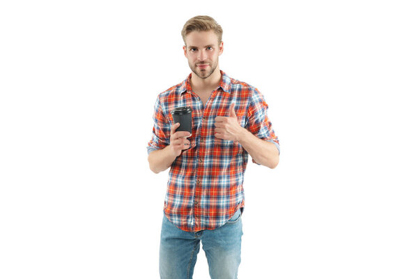 Lifestyle concept. Drinking espresso. Man drinking tea. Warm morning. Coffee break at home. Millennial man having coffee cup isolated on white. Morning coffee time. Thumb up.