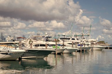 Miami sahilinde lüks bir yat. Miami Beach, Florida 'daki Marina' da. Lüks Güney Sahili marinası. Miami şehir marinası etkileyici bir yat ve teknesi var. Lauderdale Kanalı 'na demirlemiş lüks bir yat..