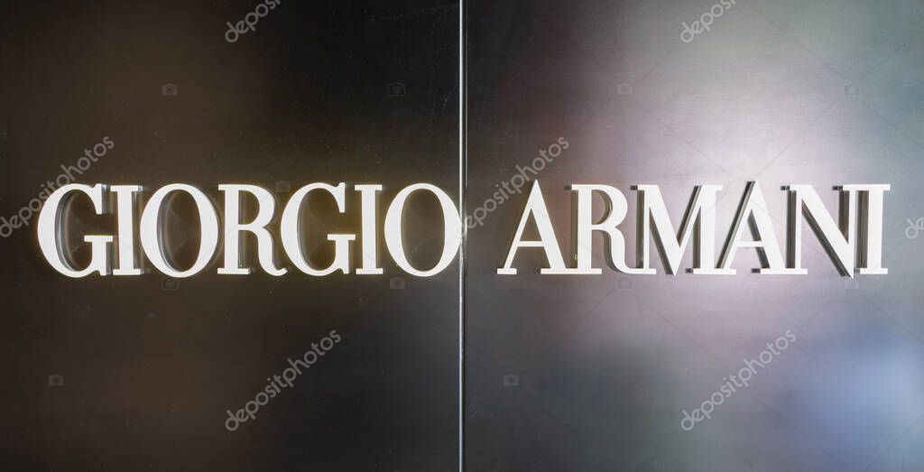 Miami, Florida, USA - February 16, 2025: Armani house. Giorgio Armani brand logo. Logo trademark brand of fashion clothes named Armani. Logotype company Armani.