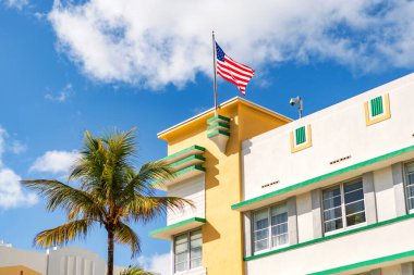 Mimari bina. Art deco mimari bölgesi. Art Deco. Miami sahilinin modern binası. Okyanus yolculuğu. Ocean Drive 'daki Miami South Beach. Art Deco mimarisi. Güney Sahili.