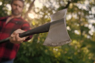 Balta adamın elinde odun kesiyor. Odun kesiyorum. Keskin bıçak. Vahşilik ve erkeklik. Baltalı oduncu seçici odaklı. Acımasız oduncu. Keskin bıçaklı tahta kesici baltalı adam..