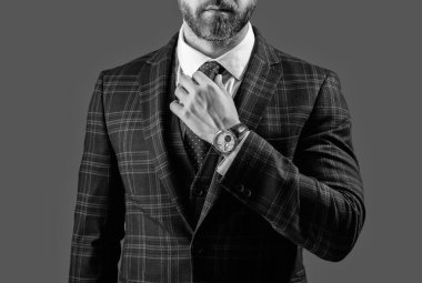 Erkek aksesuarı. Kravatlı bir iş adamı lüks bir saat. Pahalı bir kol saati. Takım elbiseli adam ve saat. Zarif saat aksesuarı. Zaman doldu. Gri üzerine izole edilmiş zarif iş adamı.