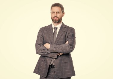 Takım elbiseli başarılı bir CEO. Kendine güvenen bir girişimci. İş liderliği. Profesyonel İspanyol CEO başarısını ifade ediyor. İşadamı beyazdan izole edilmiş. İş başarısı. Büyük patron olmak..