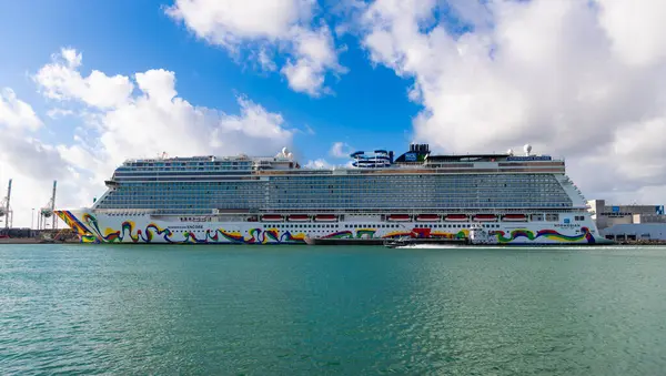 Miami, Florida, ABD - 03 Kasım 2024 Yaz Tatili Seyahati. Norveçli gemi şirketi. Gemi turu ve deniz seyahati. NCLH gemisi. Norveççe Tekrar Yolcu Gemisi Yolculuğu.