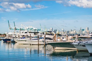 Yat marinası. Lüks yat kiralama. Miami limanı marinası. Yazın lüks bir yat gezisi. Miami plajına demir atmış bir yat. Marina lüks şehir manzarası. Limanda kiralık bir yat. Motorlu tekne limana yanaştı..
