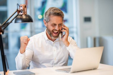 İş başarısı. Ofis müdürü dizüstü bilgisayar ve telefon kullanıyor. Çevik iş. Profesyonel iş adamının internet bağlantısı var. İş görüşmesi. Olgun iş adamı çevrimiçi çalışıyor. Haberler iyi..