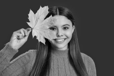 Moda ve şık genç kız gülümsüyor. Gençler için sonbahar moda tarzı. Düşmüş akçaağaç yaprakları. Sonbahar modası. Sonbahar tarzında bir kız. Genç kız akçaağaç yaprağı tutuyor. Sonbahar moda kızı. Canlı renkler.